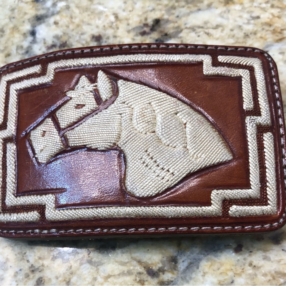 Vintage Leather Horse Tooled Stitched Western Belt Buckle